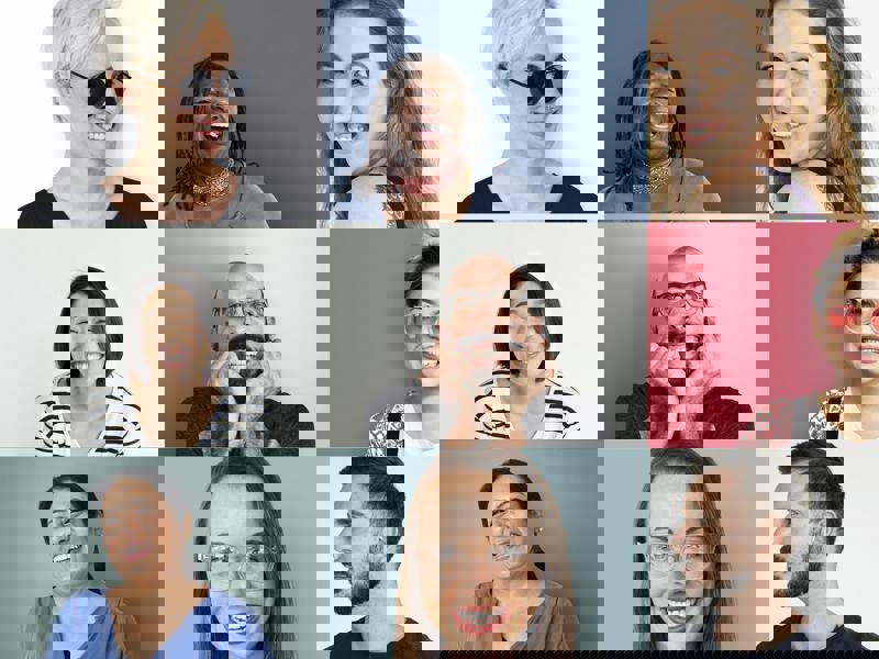 A grid of many different smiling faces from an ethinically diverse group of people